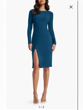 NWT- Dress the Population Nadia Long Sleeve Midi Dress, Peacock Blue, Medium